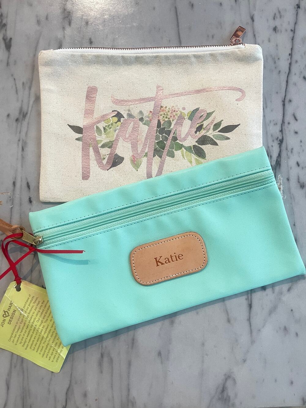 Jon Hart Design Aqua Makeup Cosmetic Travel Pouch Personalized Katie Zip Bag